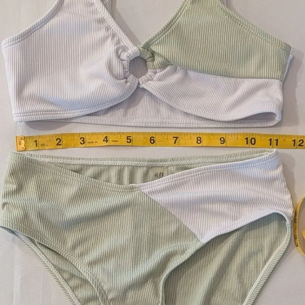 Girls Ribbed Bikini Set 12-13Y Sage Green & Ivory Color Block Ring Detail